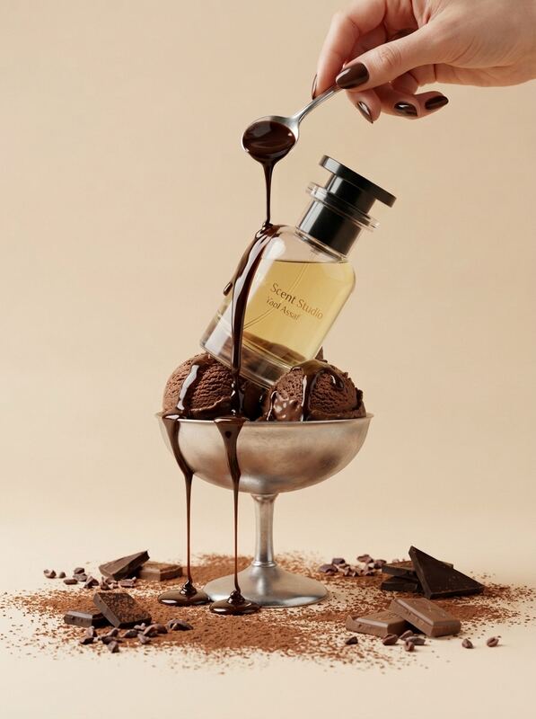 בקבוק בושם The Scent Studio על כדורי גלידת שוקולד עם רוטב שוקולד