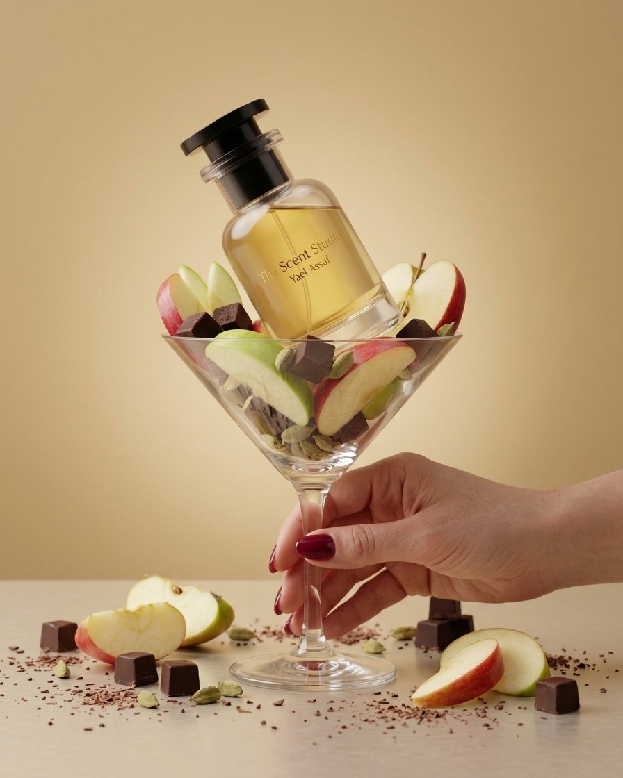The Scent Studio perfume served in a glass with apple slices, cardamom pods and dark chocolate